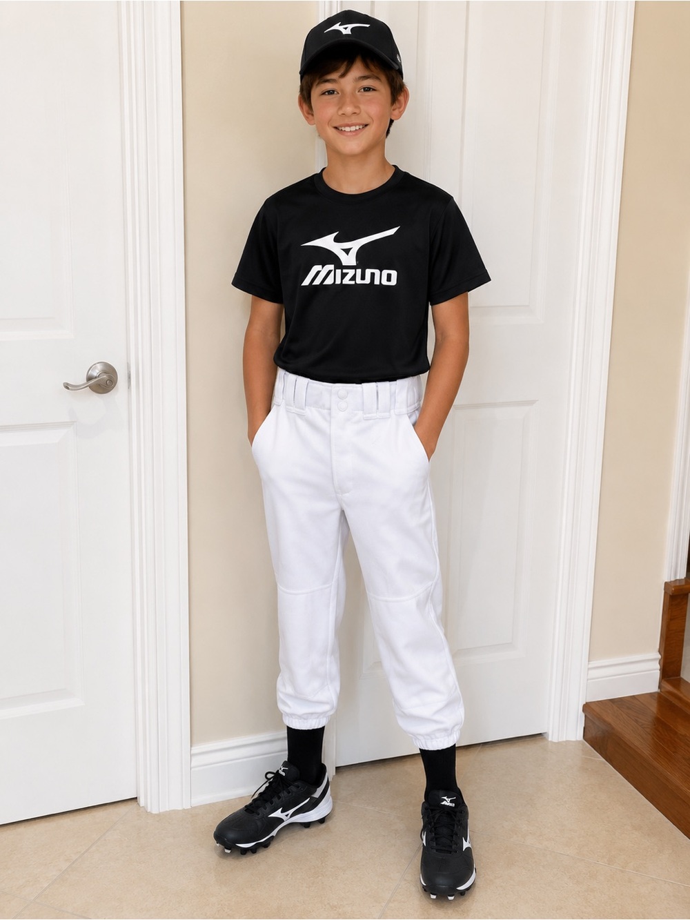 Mizuno Youth Medium White Baseball Pants Elastic Hem Athletic Uniform